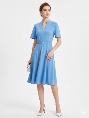 Maggy London Blue Fit Flare Dress Belted Short Sleeve Size 12 Elegant